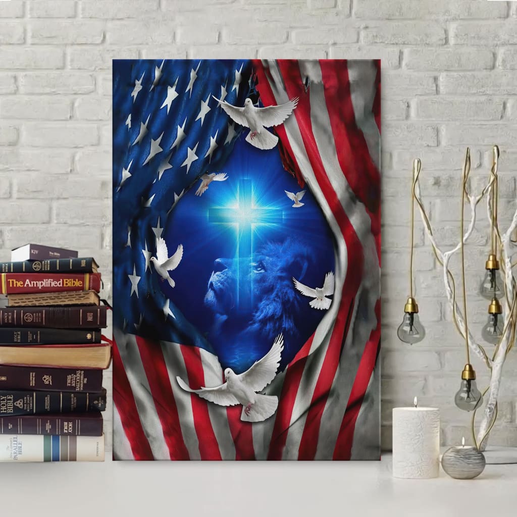 Jesus lion American flag of faith Wall Art Canvas