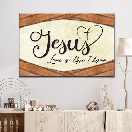 "Jesus Loves Me This I Know" wall art canvas with Brown wooden border, ideal Christian gifts and decor.