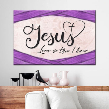Purple-bordered "Jesus Loves Me This I Know" wall art canvas, Christian decor, perfect for faith-inspired gifting.