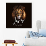 Christian canvas print with "Jesus Name Above All Names" and Lion of Judah, ideal inspirational wall decor for believers.