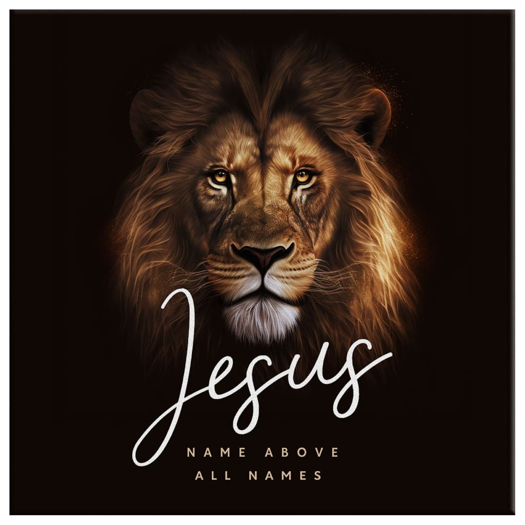 Christian wall art featuring the Lion of Judah with "Jesus Name Above All Names," perfect faith-based home decor.