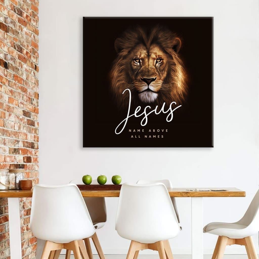 Religious wall art canvas featuring "Jesus Name Above All Names" and Lion of Judah, perfect for faith-filled home decor.