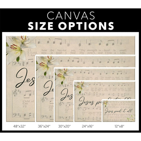 Christian Wall art canvas with "Jesus Paid It All," sheet music, and lilies, perfect for Christian gifts and home decor / size options.