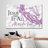 Jesus Christ wall art with "Jesus Paid It All" and crown of thorns on a rustic Purple background, perfect Easter gift.