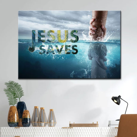 Faith-based wall art displaying Jesus reaching out His hand with the message "Jesus Saves," great religious decor for Christian homes.