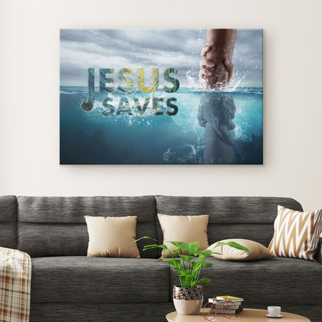Christian wall art featuring Jesus reaching out His hand with the message &quot;Jesus Saves,&quot; perfect faith-based home decor.