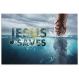 Inspirational canvas print with Jesus reaching out His hand, "Jesus Saves," ideal Christian wall art for homes.
