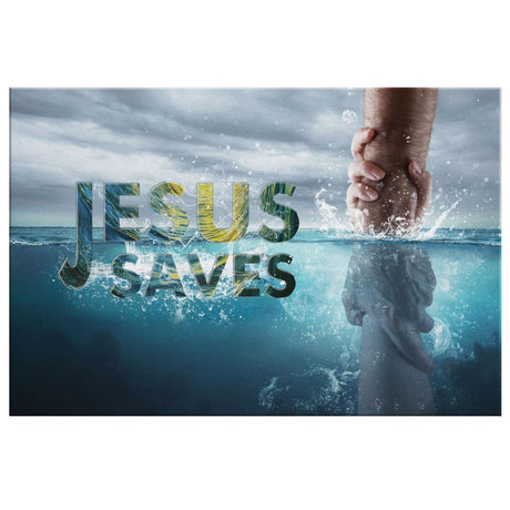 Inspirational canvas print with Jesus reaching out His hand, "Jesus Saves," ideal Christian wall art for homes.