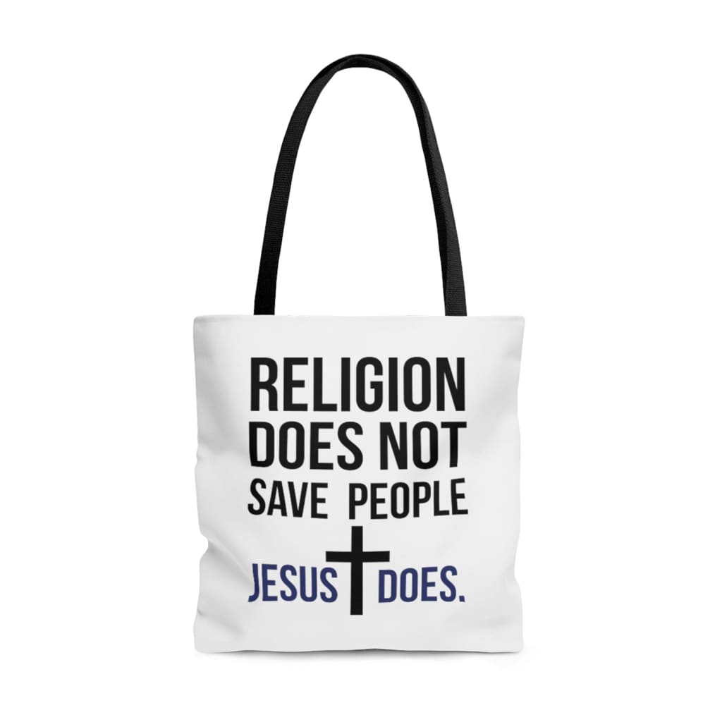 Jesus tote bags: Religion does not save people Jesus does tote bag 13 x 13