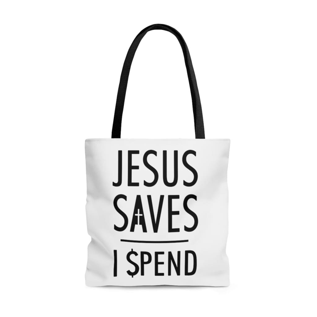 Jesus tote bags: Jesus saves I spend Christian tote bag 13 x 13