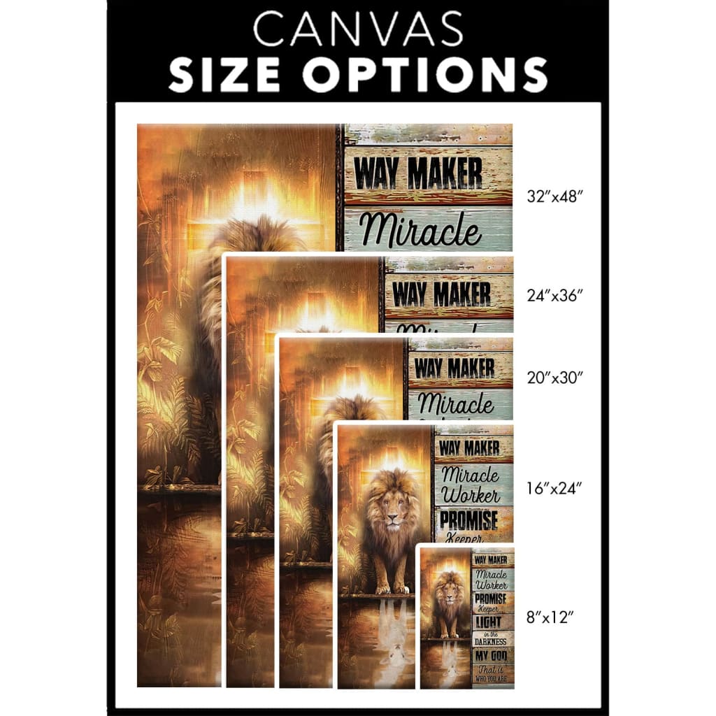 Religious wall art canvas featuring "Jesus Way Maker" and Lion of Judah, perfect for faith-filled Christian home decor.