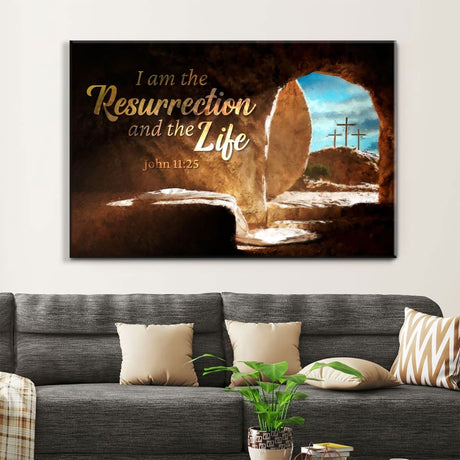 Easter wall decor with John 11:25 Bible verse, "I am the resurrection and the life," and empty tomb artwork.