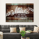 John 13:34 "Love One Another," rustic Christian wall art, inspirational Bible verse canvas for home.