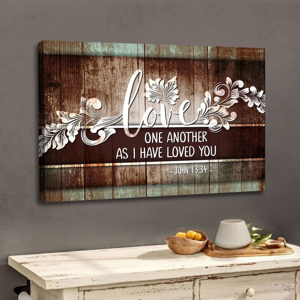 Rustic John 13:34 wall art canvas, "Love One Another," Bible verse, Christian gifts for faith-based home decor.