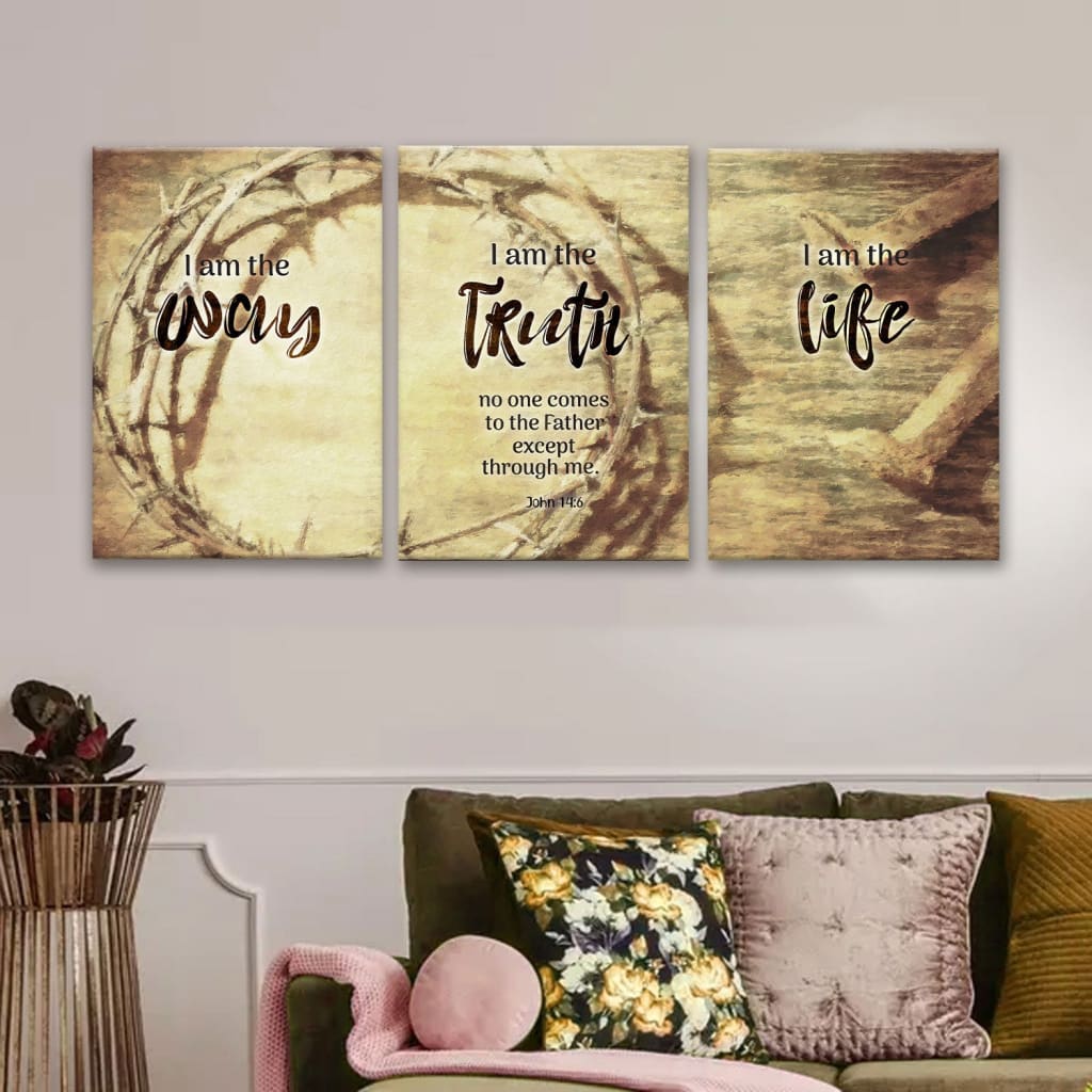 John 14:6 "I Am the Way, the Truth, and the Life" 3-panel wall art with Jesus' crown of thorns background, Christian gifts.