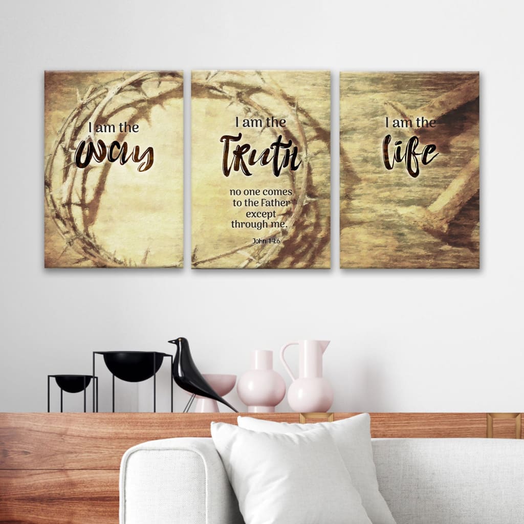 Bible verse Easter wall decor: John 14:6 on a 3-panel canvas with crown of thorns, faith-based Christian artwork.