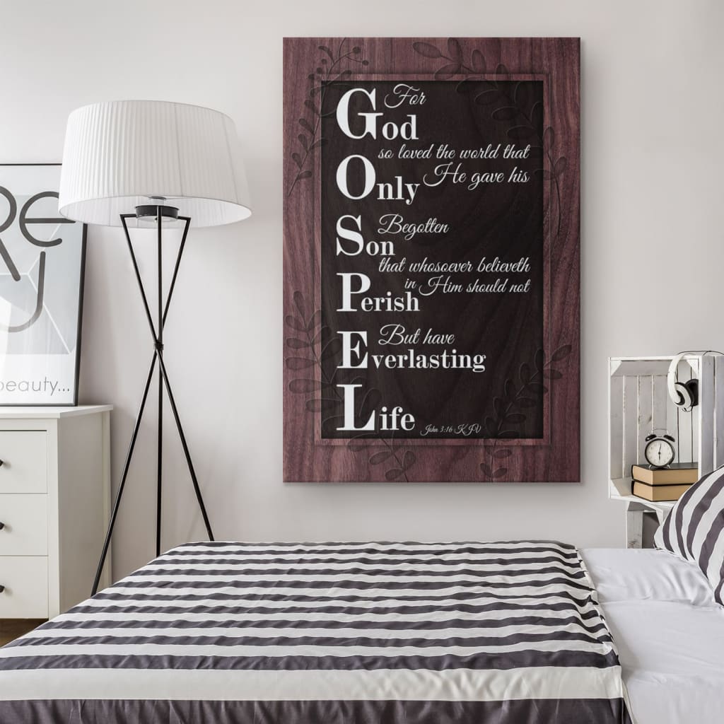 Christian wall art featuring John 3:16 KJV, "For God So Loved The World," perfect faith-based home decor for bedroom.