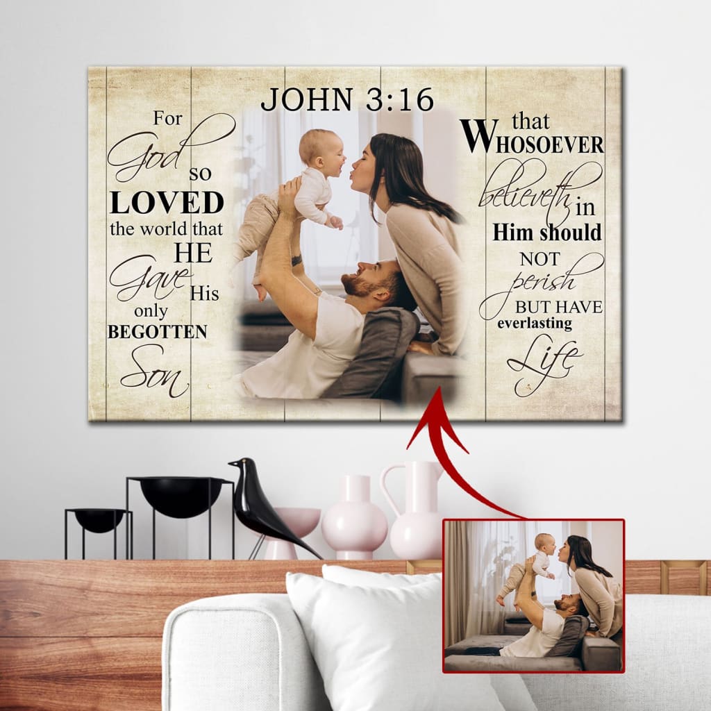 Personalized Christian wall art featuring John 3:16 KJV, "For God So Loved The World," with custom photo, perfect faith-based decor.