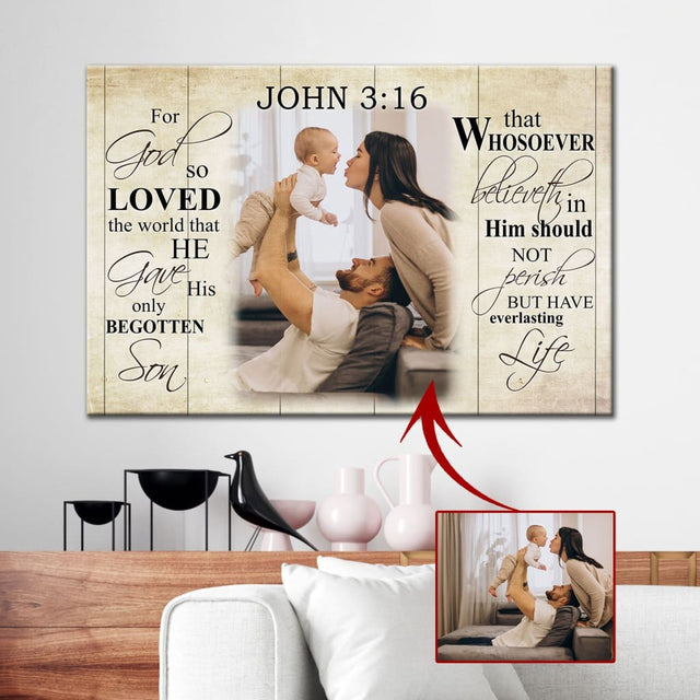 Personalized Christian wall art featuring John 3:16 KJV, "For God So Loved The World," with custom photo, perfect faith-based decor.