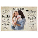 Faith-based wall art with John 3:16 KJV and custom photo, "For God So Loved The World," great religious decor for Christian homes.