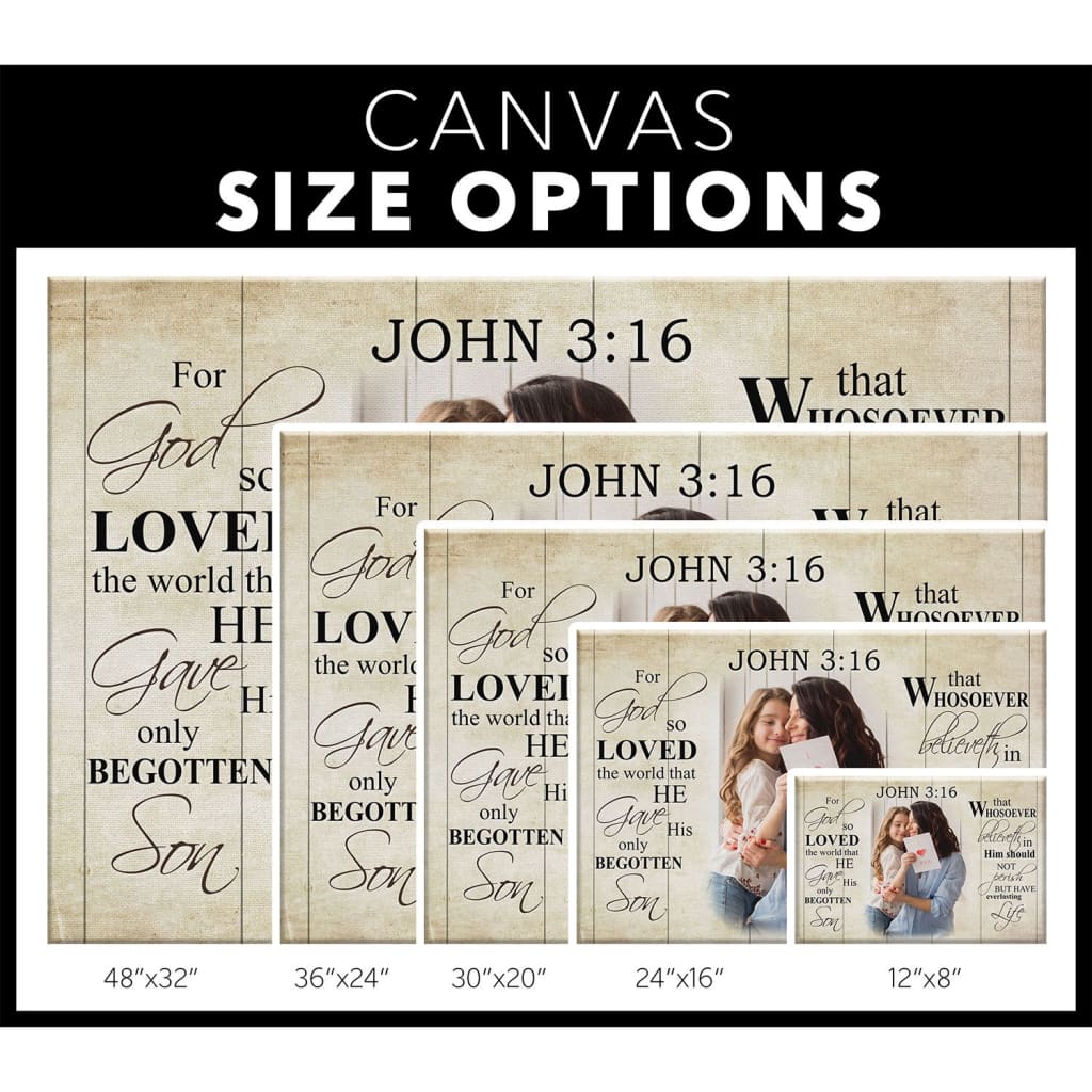 Religious wall art canvas featuring John 3:16 KJV with custom photo, "For God So Loved The World," perfect for faith-filled homes.