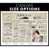 Religious wall art canvas featuring John 3:16 KJV with custom photo, "For God So Loved The World," perfect for faith-filled homes.