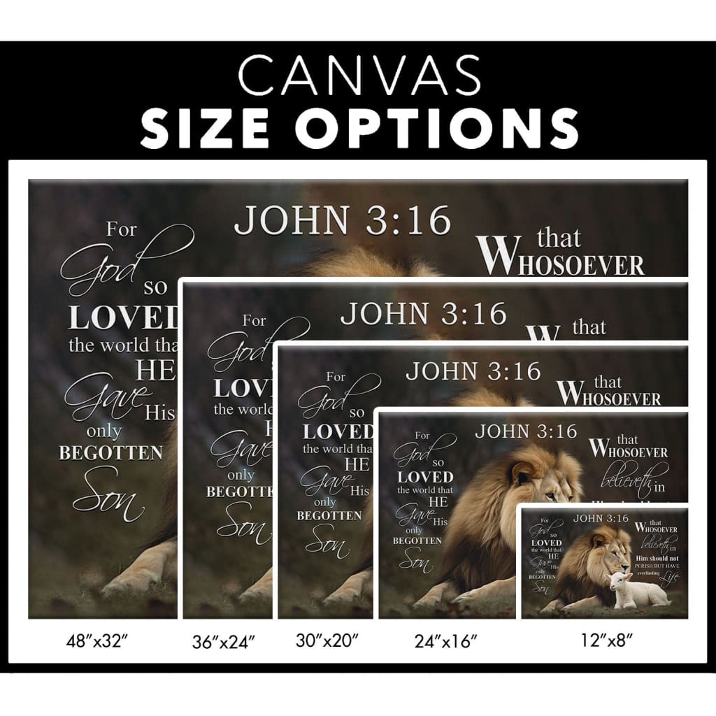 Christian wall art featuring the Lion of Judah with the Lamb of God and John 3:16 KJV, "For God So Loved The World," perfect faith-based decor.