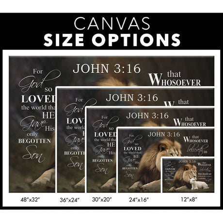 Christian wall art featuring the Lion of Judah with the Lamb of God and John 3:16 KJV, "For God So Loved The World," perfect faith-based decor.