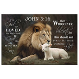 Religious wall art canvas print with the Lion of Judah, Lamb of God, and John 3:16 KJV Bible verse, ideal Christian wall art for homes.
