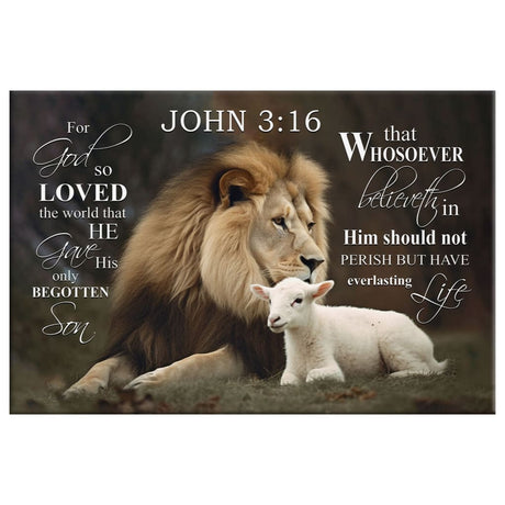 Religious wall art canvas print with the Lion of Judah, Lamb of God, and John 3:16 KJV Bible verse, ideal Christian wall art for homes.