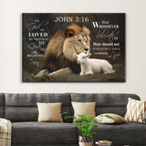 Christian wall art featuring the Lion of Judah and Lamb and John 3:16 KJV, "For God So Loved The World," perfect faith-based inspirational gift.