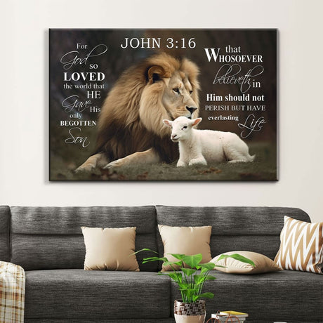 Christian wall art featuring the Lion of Judah and Lamb and John 3:16 KJV, "For God So Loved The World," perfect faith-based inspirational gift.