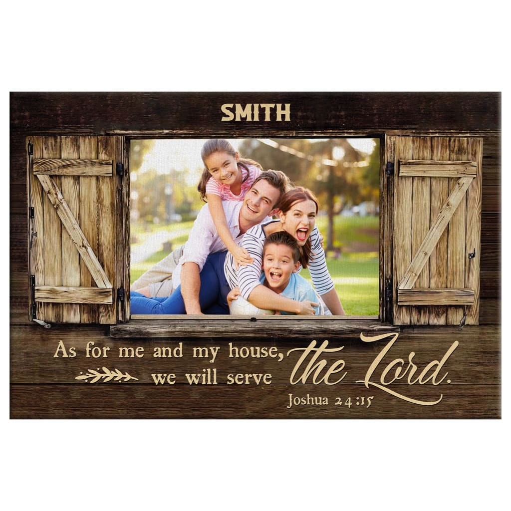 Christian wall art featuring Joshua 24:15 and your family name and photo, ideal for faith-based home décor.