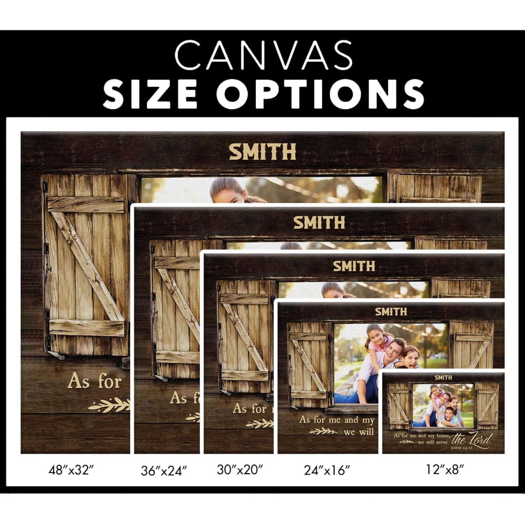 Customizable wall art canvas with &quot;As For Me And My House,&quot; family name, and photo, great for religious gifts.