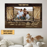 Personalized wall art with Joshua 24:15 "As For Me And My House," custom family name, and photo, perfect for Christian homes.
