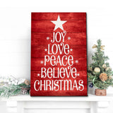 Christian Christmas wall art featuring "Joy, Love, Peace, Believe" on a red background, perfect faith-based Christmas gifts.