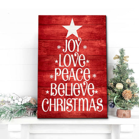 Christian Christmas wall art featuring "Joy, Love, Peace, Believe" on a red background, perfect faith-based Christmas gifts.