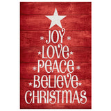 Faith-based Christmas wall art displaying "Joy, Love, Peace, Believe" with a red background, great religious holiday gift.