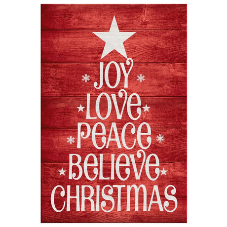 Faith-based Christmas wall art displaying "Joy, Love, Peace, Believe" with a red background, great religious holiday gift.