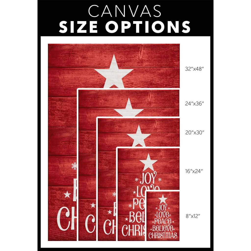 Religious Christmas wall art canvas with &quot;Joy, Love, Peace, Believe&quot; on a red background, perfect for faith-filled Christmas gifts.