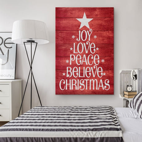 Inspirational canvas print with "Joy, Love, Peace, Believe" and a red background, ideal Christian Christmas gift and home decor.