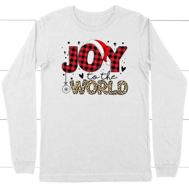 Joy to the world Buffalo plaid leopard Christmas long sleeve shirt White / S