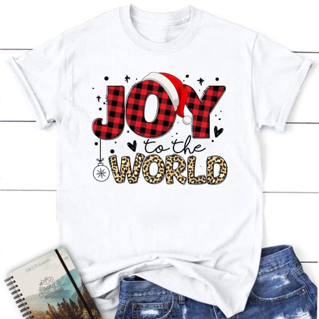 Joy to the world Buffalo plaid leopard Christmas Women’s t-shirt White / S