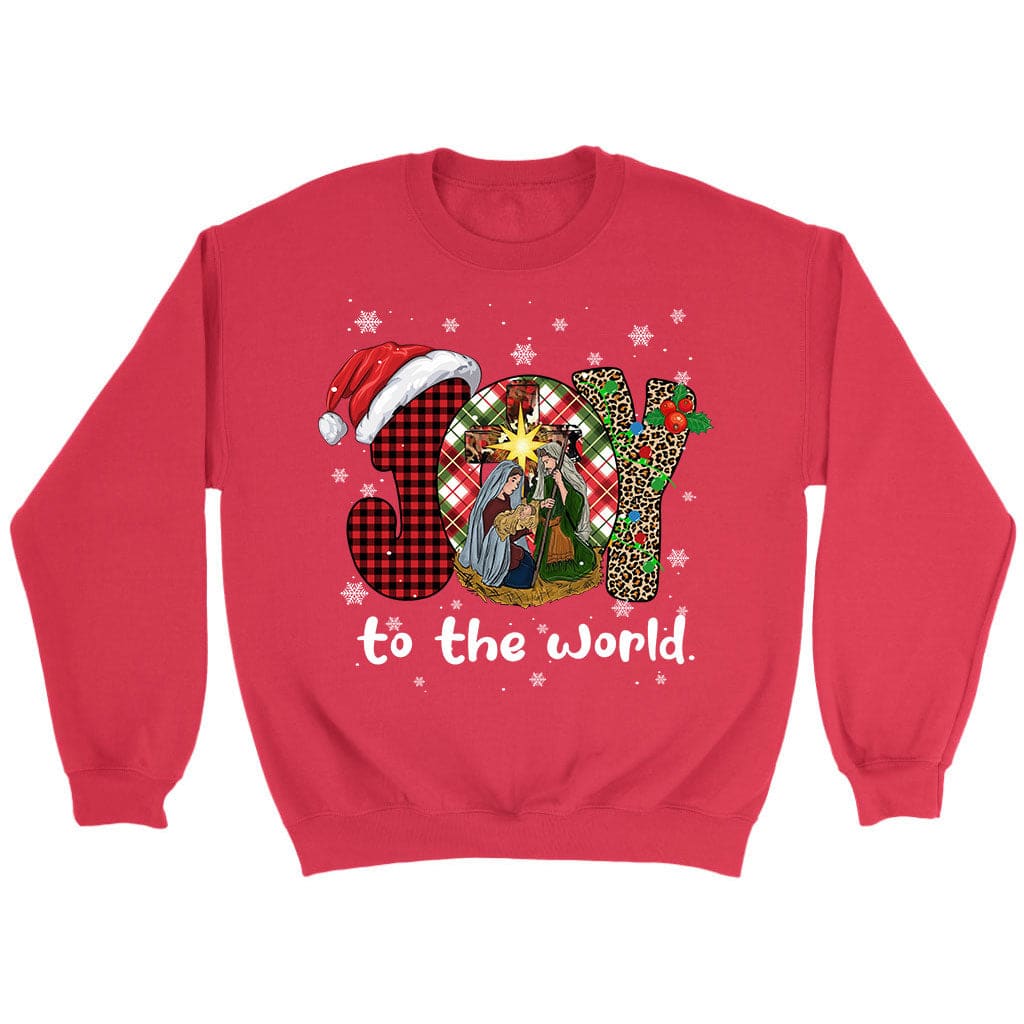 Joy to The World Sweatshirt Buffalo Plaid Leopard Christmas Nativity Scene Christian Christmas Sweatshirts Red S