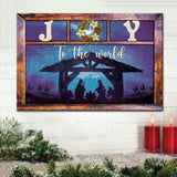 Inspirational canvas print with "Joy to the World," Jesus' birth, and a wooden frame, ideal Christian Christmas wall art for homes.