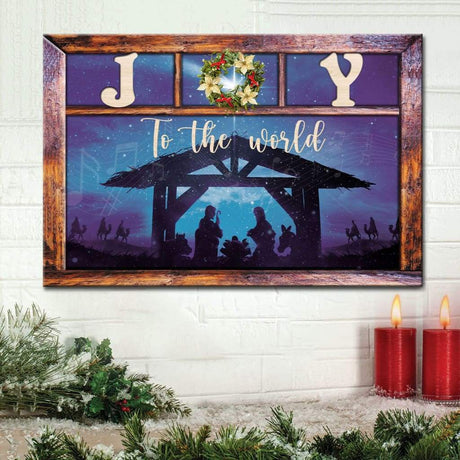 Inspirational canvas print with "Joy to the World," Jesus' birth, and a wooden frame, ideal Christian Christmas wall art for homes.