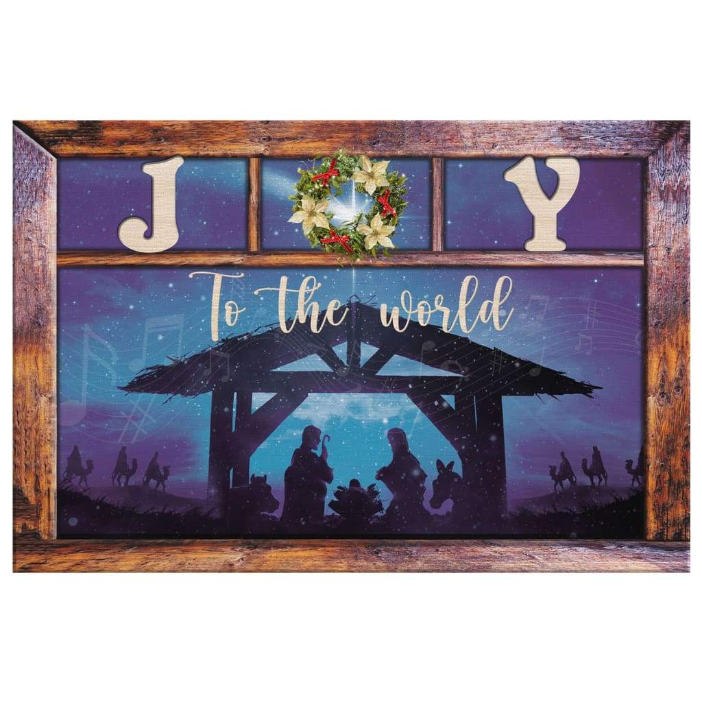 Faith-based Christmas wall art displaying "Joy to the World" with Jesus' birth and a rustic wooden frame, great religious holiday decor.