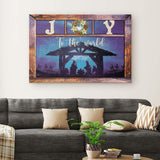 Christian Christmas wall art featuring "Joy to the World" with Jesus' birth and a wooden frame design, perfect faith-based holiday decor.