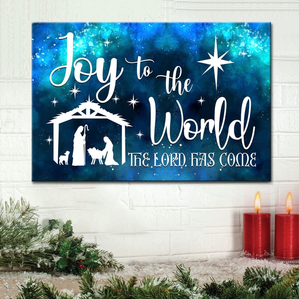 Christian Christmas wall art featuring "Joy to the World the Lord Has Come" with a nativity scene, perfect faith-based holiday decor.