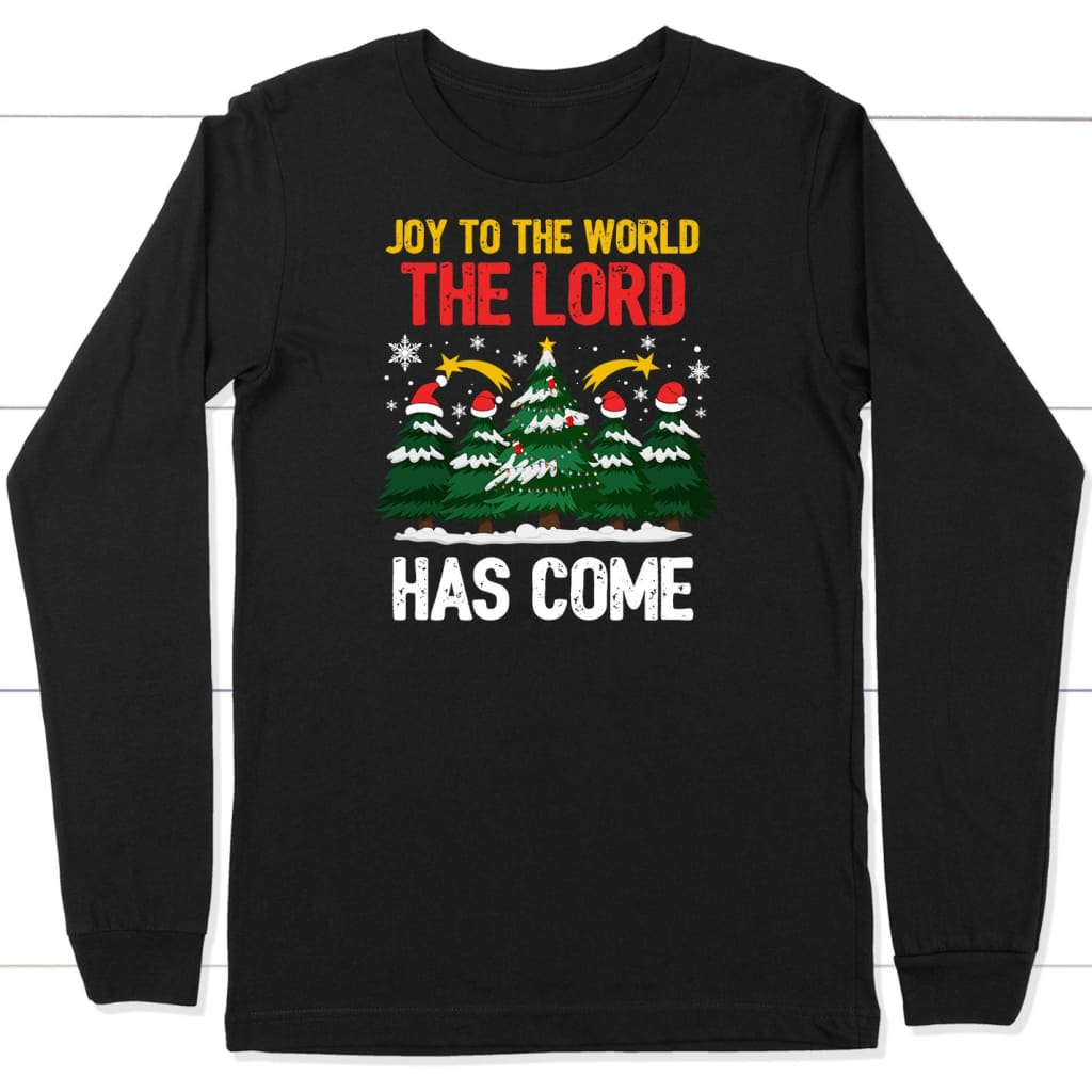 Joy to the world the Lord has come Christmas tree long sleeve shirt Black / S